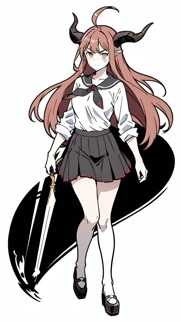 1girl ,20s,angry face,red hair,long hair,(white background, line drawing),horns,full body,white shirt,black tie,black school skirt