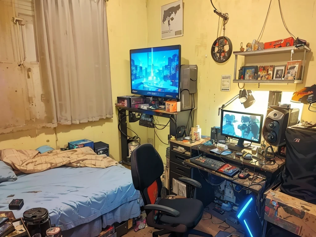 there is a bed and a desk with a computer on it, cyberpunk teenager bedroom, gaming room, gaming room in 2 0 4 0, dirty room, my home, messy room, furnished room, in a cyberpunk themed room, chaotic teenage bedroom, inside a cluttered bedroom, in my bedroom, apartment of an art student, cyberpunk setting, cluttered room