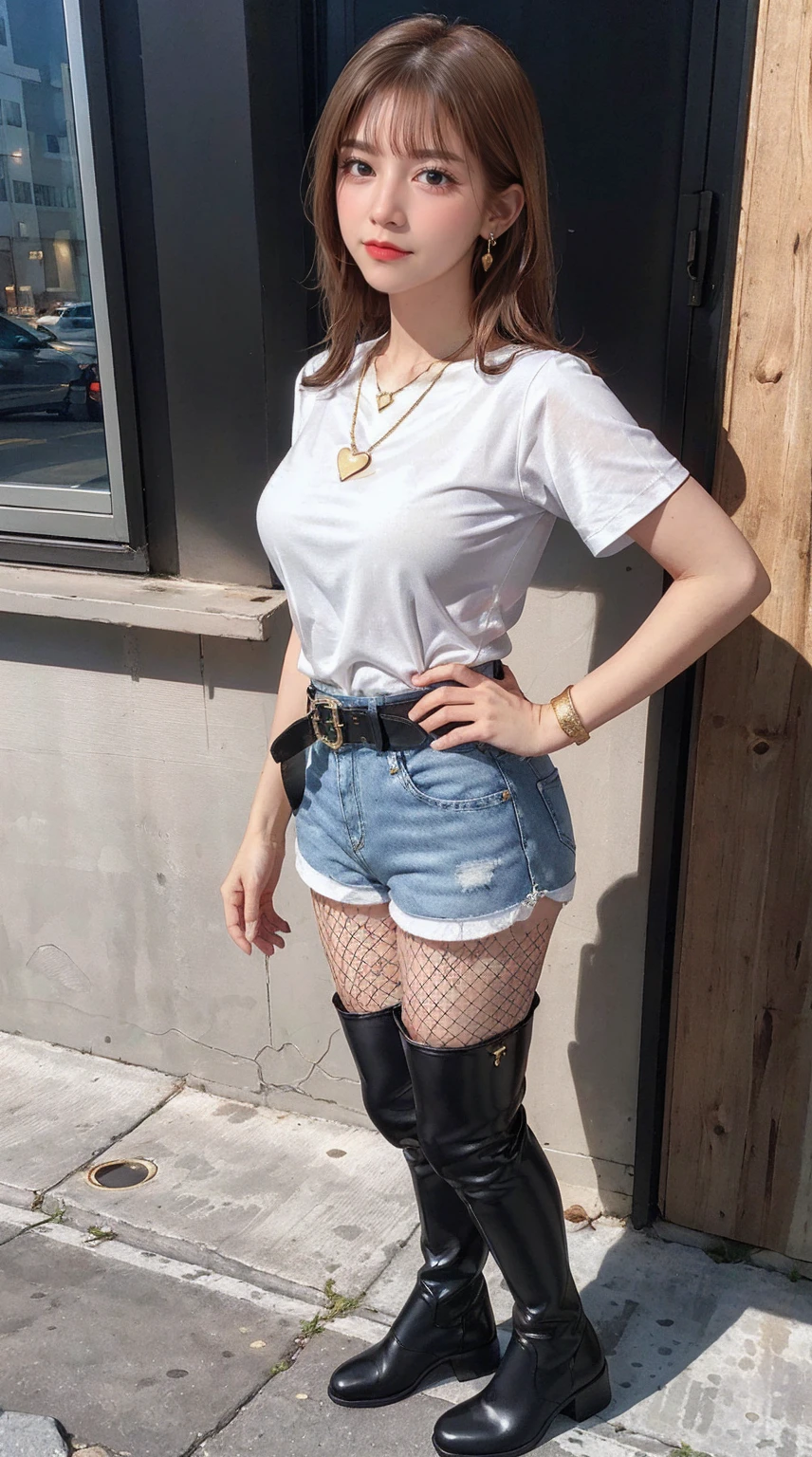 masterpiece, best quality, 4K, ultra-detailed, photorealistic, (1 girl), (full body), (A fascinating eye for perfect detail:1.2), (smile), (medium brown hair), (heart necklace), (medium breasts), (gold heart earrings), (white lace shirt), (white denim shorts), (fishnet pantyhose), (black thigh boots), (black belt with gold buckle), (front view), cityscape