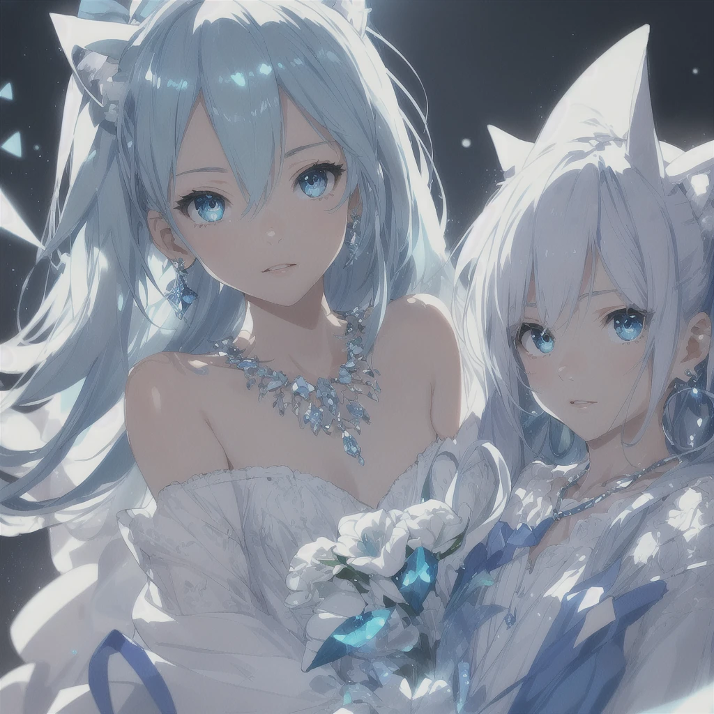 masterpiece, best quality, illustration, sax blue, platinum earrings, platinum necklace, white dress, 1girl, cute, (dynamic lighting:1.2), cinematic lighting, delicate facial features, detailed eyes, sharp pupils, realistic pupils, depth of field, bokeh, sharp focus, (hyper-detailed, bloom, glow:1.4), many small gems, hatsune miku, cat ears