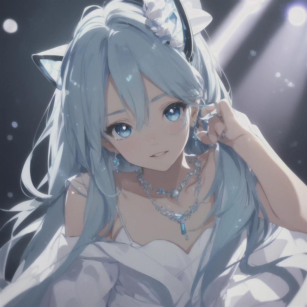 masterpiece, best quality, illustration, sax blue, platinum earrings, platinum necklace, white dress, 1girl, cute, (dynamic lighting:1.2), cinematic lighting, delicate facial features, detailed eyes, sharp pupils, realistic pupils, depth of field, bokeh, sharp focus, (hyper-detailed, bloom, glow:1.4), many small gems, hatsune miku, cat ears