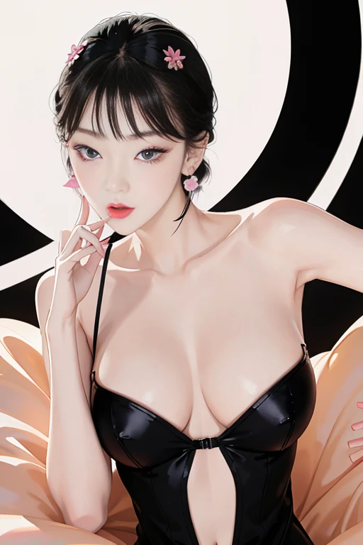 tsuruta ichiro, Narrow-eyed, 1girl in, Allback、deadpan、short-hair、shorth hair、brow、Reluctance、A dark-haired、Tucked Hair Solo, Cowgirl, Onepiece, ((mideum breasts)), Thin slit eyes、Black eyes, Light shines on the eyes、Black hair, gloves, Dress, Luxurious Jewelry, earrings, sharp eye、 elbow groves,Raise your hands and tie your hair back, random color, random color dress, Makeup for long eyes, Slender eyes、lip stick, Complex petal pattern, Rim Light, Back Light, pastel color,Studio Lighting