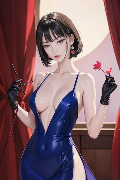 tsuruta ichiro, Narrow-eyed, 1girl in, Allback、deadpan、short-hair、shorth hair、brow、Reluctance、A dark-haired、Tucked Hair Solo, Cowgirl, Onepiece, ((mideum breasts)), Thin slit eyes、Black eyes, Light shines on the eyes、Black hair, gloves, Dress, Luxurious Jewelry, earrings, sharp eye、 elbow groves,Raise your hands and tie your hair back, random color, random color dress, Makeup for long eyes, Slender eyes、lip stick, Complex petal pattern, Rim Light, Back Light, pastel color,Studio Lighting