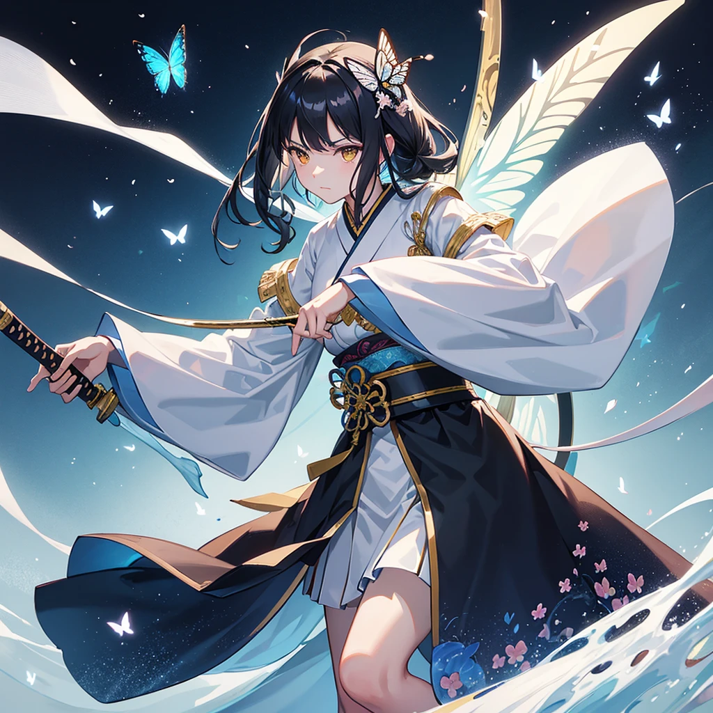 swordsman,1 girl,animal,animal print,belt,belt Buckle up,black hair,blue Butterfly,Buckle up,loopholes,Butterfly,Butterfly hair accessories,Butterfly on hand,Butterfly print,forehead,glowing Butterfly,gradient hair,hair accessories,Haori,Keep,Keep sword,Keep arms,japanese clothes,Samurai sword,Section Chief Ren,long hair,long sleeve,petal,alone,sword,arms,white belt,white Butterfly,wide sleeves,yellow Butterfly,Keep sword with both hands,sword focus, kitsune mask