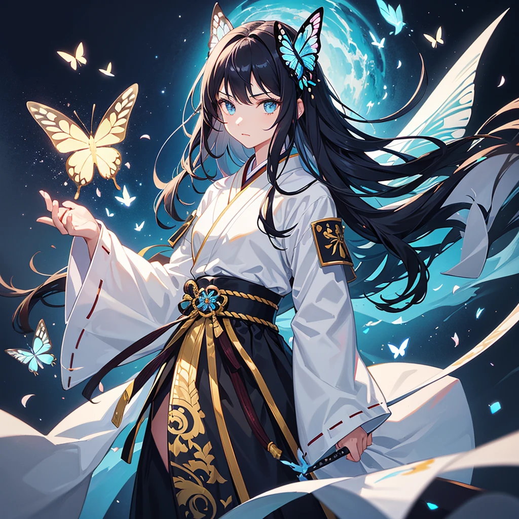 swordsman,1 girl,animal,animal print,belt,belt Buckle up,black hair,blue Butterfly,Buckle up,loopholes,Butterfly,Butterfly hair accessories,Butterfly on hand,Butterfly print,forehead,glowing Butterfly,gradient hair,hair accessories,Haori,Keep,Keep sword,Keep arms,japanese clothes,Samurai sword,Section Chief Ren,long hair,long sleeve,petal,alone,sword,arms,white belt,white Butterfly,wide sleeves,yellow Butterfly,Keep sword with both hands,sword focus, kitsune mask