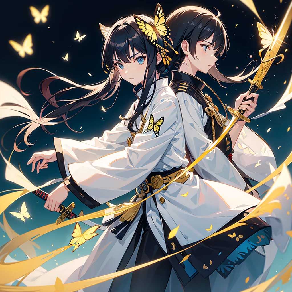 swordsman,1 girl,animal,animal print,belt,belt Buckle up,black hair,blue Butterfly,Buckle up,loopholes,Butterfly,Butterfly hair accessories,Butterfly on hand,Butterfly print,forehead,glowing Butterfly,gradient hair,hair accessories,Haori,Keep,Keep sword,Keep arms,japanese clothes,Samurai sword,Section Chief Ren,long hair,long sleeve,petal,alone,sword,arms,white belt,white Butterfly,wide sleeves,yellow Butterfly,Keep sword with both hands,sword focus, kitsune mask