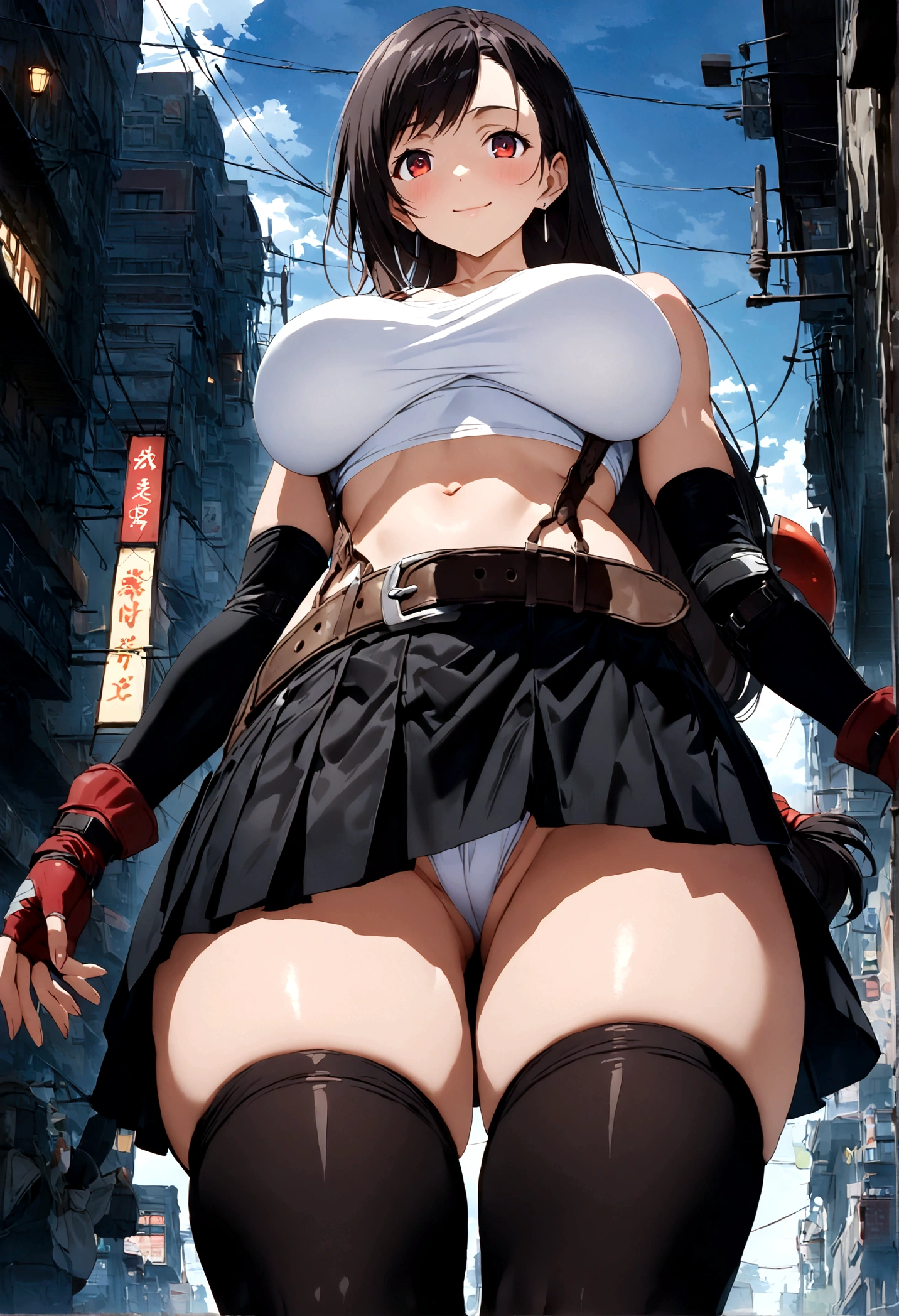 score_9, score_8_up, score_7_up,4k, ,BREAK , from front,from below,below view,breast focus:1.5,standing,straight-on,(arms in sides),(pantiesshot),(medium shot),looking_at_viewer ,1girl, tifa lockhart, final fantasy, tareme,black hair, low-tied long hair, red eyes, bangs, white tank top, belt, pleated skirt, thighhighs, elbow fingerless gloves, elbow pads, midriff, navel,suspender skirt ,large_breasts,(light smile),Curvy waist ,Solo,,(midnight and beachside and city),Toned,,detailed skin,(best quality),(aesthetic,very aesthetic),masterpiece, highres,4k,(ultra-detailed:1.4) (illustration:0.4), (ray tracing,:0.7),(anime colored:0.7),(ai-generated:0.5), (anime screencap:0.8),megami magazine