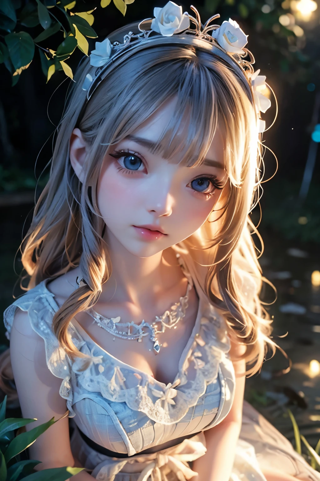 a chibi girl doll, detailed girl, beautiful detailed eyes, beautiful detailed lips, extremely detailed face, long eyelashes, intricate details, porcelain skin, cute expression, sitting on the riverside, riverside night view, fireflies, bioluminescent plants, ambient glowing lights, cinematic lighting, vibrant colors, warm color palette, photorealistic, 8k, hyper detailed, masterpiece, concept art