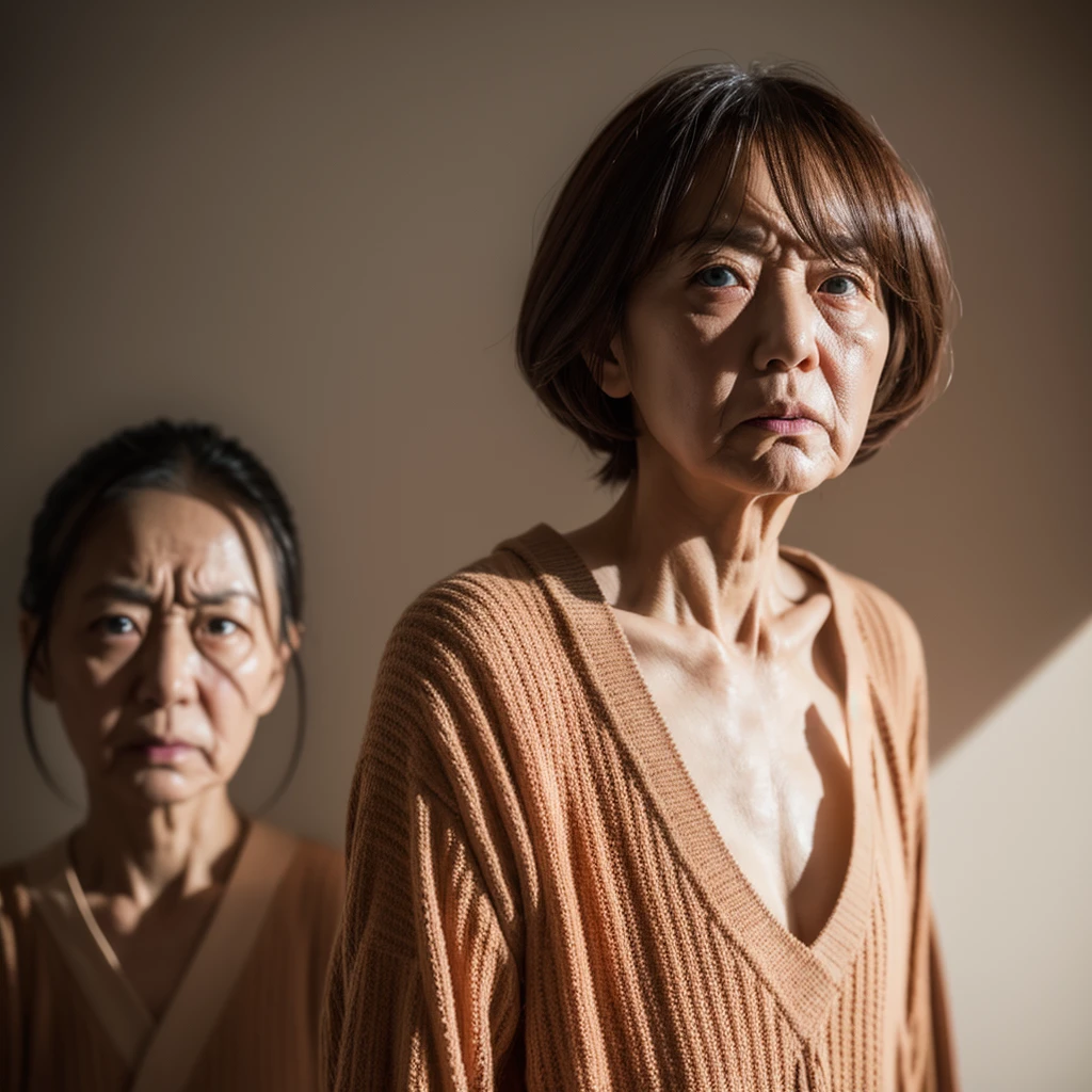 正面を見てrageして睨みつけている, White background, Lift your eyes up, Ultra HD、128k、Masterpiece、One elderly grandmother、 clavicle, RAW Photo、Big-eyed woman in brick-colored clothing、Long face, Professional Lighting、Japanese anime style, Angry, Angry, rage