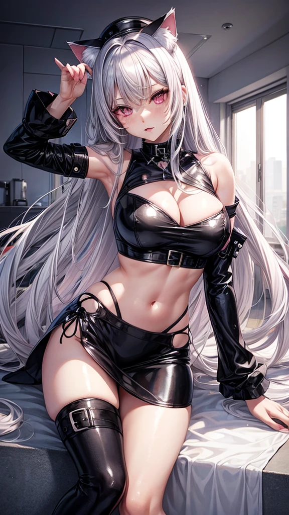 pink eyes, silver hair, cat ears,  outfit 