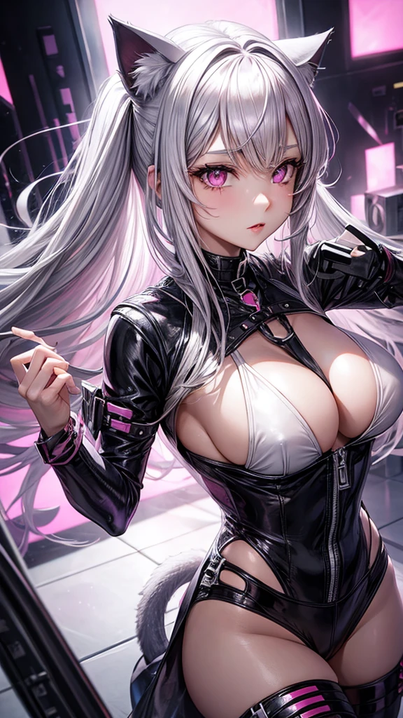 pink eyes, silver hair, cat ears, sexy outfit 