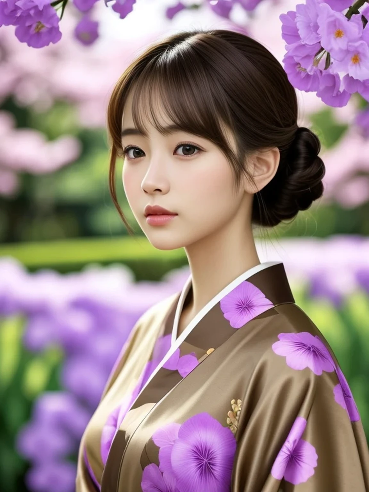 1 Japanese girl, (looking away:1.4), (upper body shot:1.2), Beautifully detailed eyeballs, catchlight in the eyes, Realistic digital painting of a woman portrait, Shy, Cute, open mouth to say something, sad, brown eyes, (half updo,:1.1), (light brown brunette hair:1.3), (Highly detailed skin:1.2), Mystical style, Global Illumination, Traditional Japanese　floral printed Kimono, A silk kimono with a deep purple base. A garden with many blooming Iris