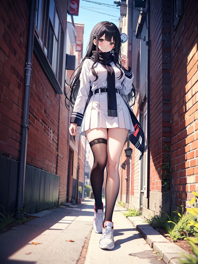 1girl,,legwear,,anklet,black hair,straight_hair,hime cut,long hair,sneakers,huge filesize,scarf，Uniforms，lace,student，big breasts