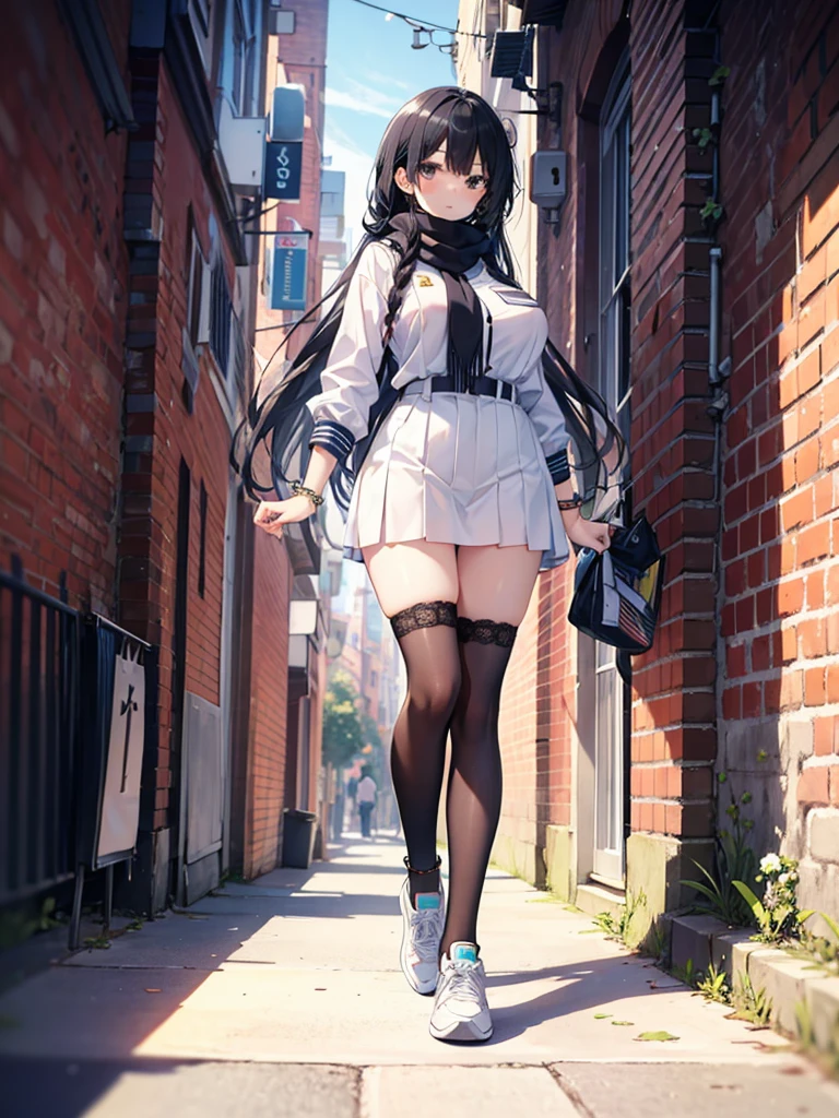 1girl,,legwear,,anklet,black hair,straight_hair,hime cut,long hair,sneakers,huge filesize,scarf，Uniforms，lace,student，big breasts
