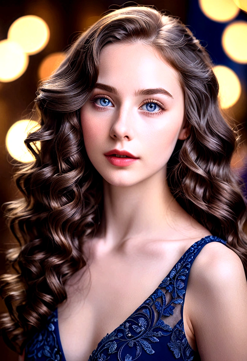 1Girl, beautiful detailed eyes_light gray eyes, beautiful detailed lips, very detailed face and portrait, long hair, dark blue dress, curly hair, slim body, pale skin, elegant portrait, stock photo, 8k, high quality, realistic, photo Realistic, Detailed, Masterpiece, Studio Lighting, Sharp Focus, Professional, Vibrant Colors, Bokeh