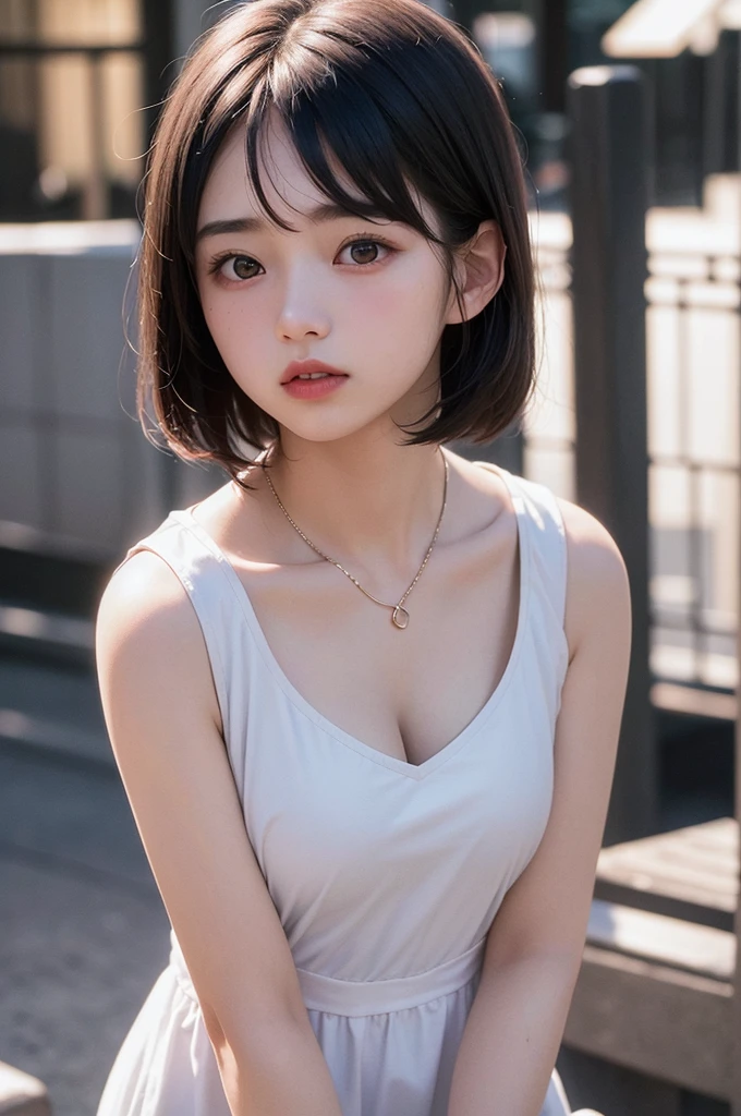 (1 nogizaka girl, face,raw photo,photo realistic:1.5),(best quality, high quality,HDR, highest quality,ultra high resolution,high resolution,high res,ultra high difinition,huge file size,8K,2K wallpaper,8K wallpaper,high quality texture,amazing,an extremely delicate:1.4),one girl, Japanese famous idol,cute face,small face,absurd,ridiculous,incredibly ridiculous,blurry background,(sundress,short hair,cleavage,no1.2),medium skin,beautiful skin,detailed skin,black hair,silky hair,black eyes,Japanese nose,5-fingers,(Light Particles, Lens Flare, Luminous Particles: 0.7),looking at viewer,bright lighting,professional lighting,girl