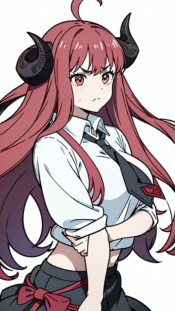 1girl ,20s,angry face,red hair,long hair,(white background, line drawing),horns,upper body,white shirt,black tie,black school skirt