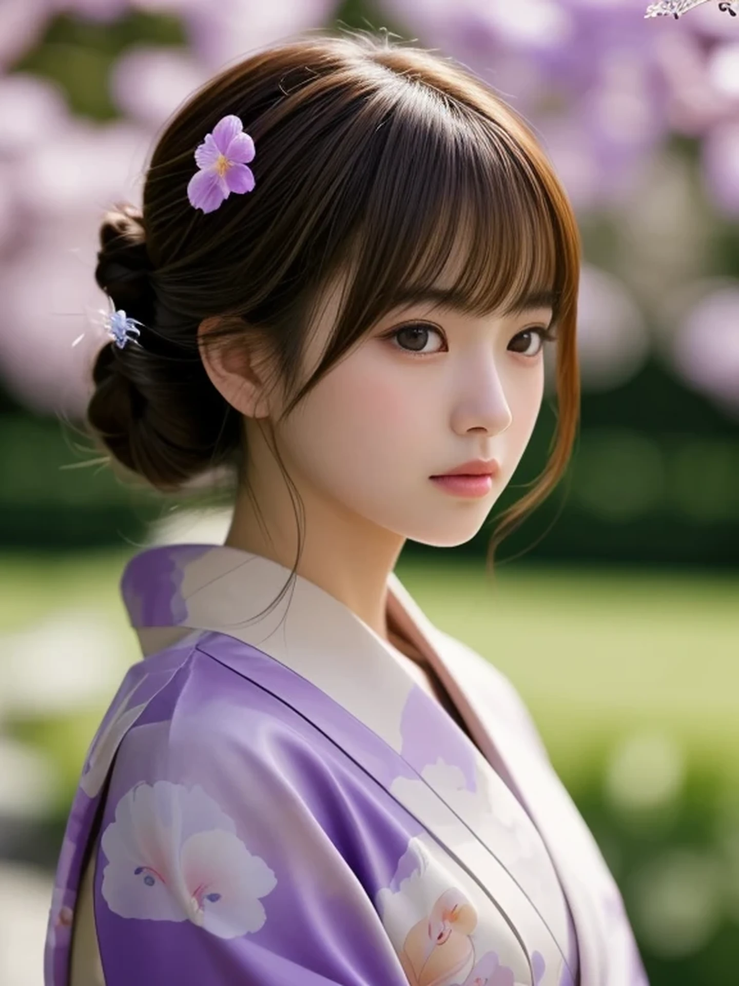 1 Japanese girl, (looking away:1.4), (upper body shot:1.2), Beautifully detailed eyeballs, catchlight in the eyes, Realistic digital painting of a woman portrait, Shy, Cute, open mouth to say something, sad, brown eyes, (half updo,:1.1), (light brown brunette hair:1.3), (Highly detailed skin:1.2), Mystical style, Global Illumination, Traditional Japanese floral printed Kimono, A silk kimono with a deep purple base. A garden with many blooming Iris