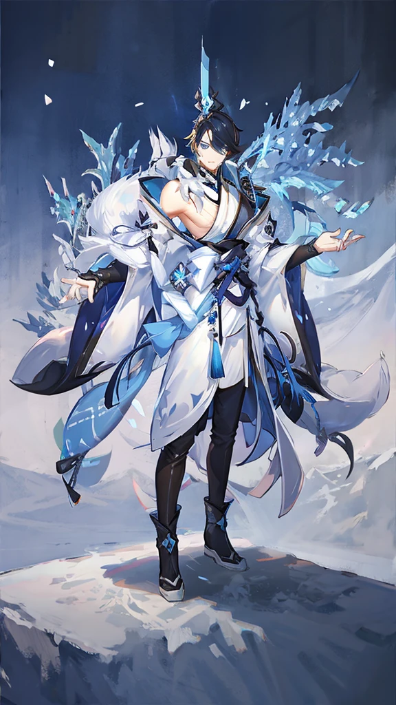 ((Genshin impact style)) (masterpiece), (high quality), (pretty boy face), 1 boy, 16 years, masculine and tall body, white skin, ((shoulder-height black hair)), ((light blue and cold eyes)), Stoic and serious expression, designs from East Asian, Game character costume design, Japanese clothing style with a dark blue, white and black color palette, Japanese hair accessories, ((White background, details of ice and snow in the background)), ((full body standing up))