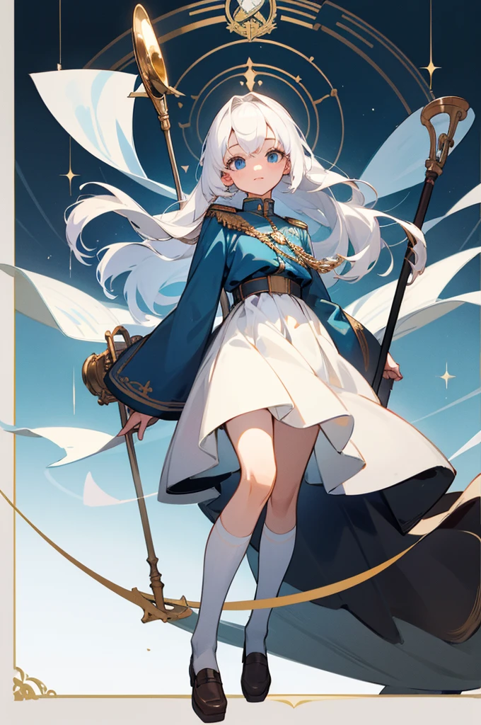 Beautiful illustrations, Highest quality, Cute girl, (Conversion Sequence), White military uniform, Military uniform and skirt,White knee-high socks,Russia, White Girl, Tarot Cards(trial), albino, Baby Face, Long, pure white hair, Beautiful and exquisite blue eyes, Cinema Lighting, Holds a large staff modeled after a balance scale and a trumpet, View your viewers, from the front, Happy,whole body,whole body立ち絵,1 person