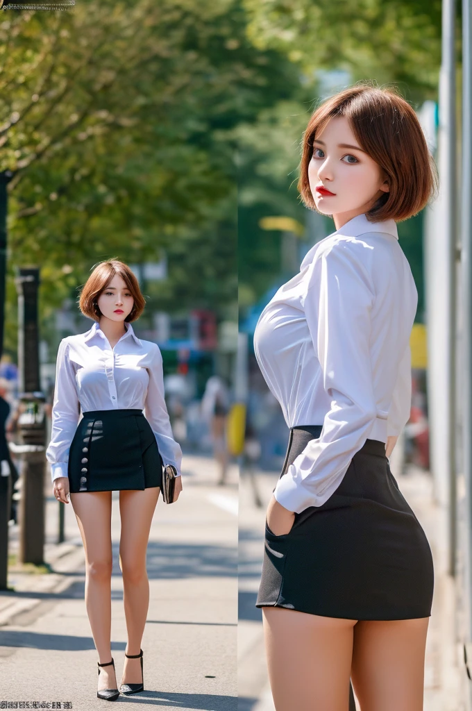 a 20 year old face of the most beautiful actress in the world, the perfect body proportions of a female, the perfect shaped of female breasts, tight blazer is worn with formal shirt on female upper body, shirt skirt is worn with panties on female lower body, panties between bare legs under short skirt are seen just a little, the short hair cut of a female is just like male one, standing, at the city street, nsfw, best quality, highly detailed, masterpiece, ultra high res, photo realistic, 8k