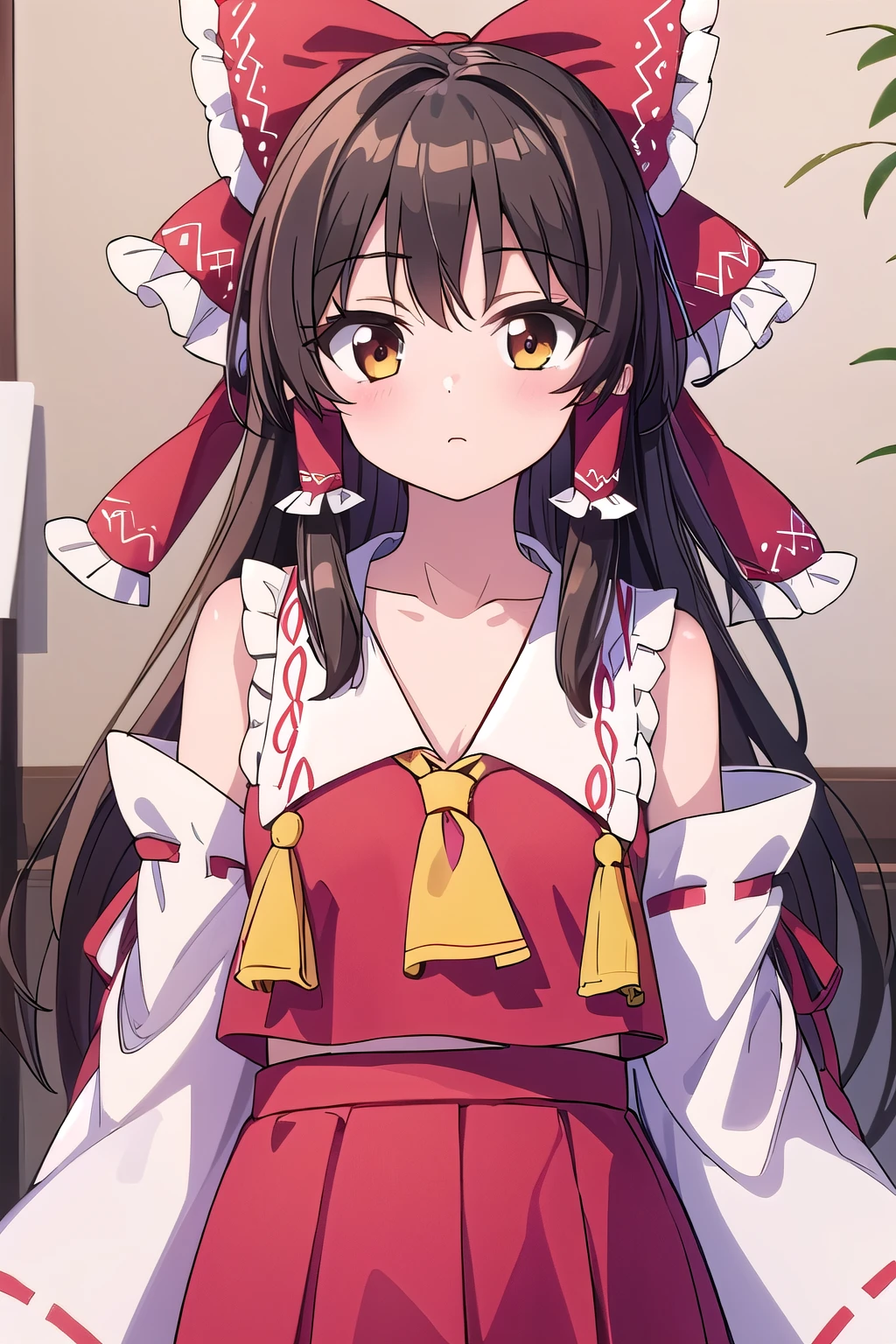 Detailed Background, masterpiece, Highest quality, One girl, Hakurei Reimu, Brown Hair, Hair Tube, Hair Ribbon, Brown eyes, Oriental Project,