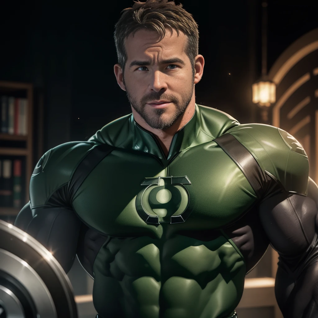 An award-winning original photo，A muscular man, (Ryan Reynolds 40 years old daddy:1.3), 1 man , Solo, (wearing a (green lantern) costume), black hair, (musculature, stubbles, Short beard, Beautiful eyes:1.3, ), (Detailed face:1.3), wearing a mask, smiles, Dynamic Angle, volumetric lighting, (Best quality, A high resolution, Photorealistic), Cinematic lighting, Masterpiece, RAW photo, Intricate details, hdr, depth of field, in action