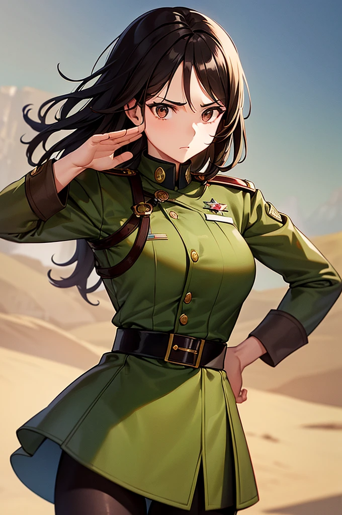 Content:
A black, adult female general with long brown hair and brown eyes. She has a mature face and is wearing a uniform loosely inspired by German military attire. She is saluting the camera with a confident and serious expression, her left hand behind her back.

Medium:
Digital art, anime illustration.

Style:
Pixiv contest winner, fine art, incorporating elements from historical military aesthetics and anime character design to emphasize a confident and mature look. Drawing style references from artists known for their strong, detailed character portrayals like Yoji Shinkawa.

Lighting:
Dramatic, with strong contrasts to highlight her authoritative presence and the details of her uniform. Subtle shadows add depth and realism, emphasizing her serious demeanor.

Colours:
A palette of military greens and browns, with subtle highlights to bring out the texture of the uniform and her facial features. The background is a desert setting, enhancing the military theme.

Composition:
A full-body shot, capturing her mature and confident demeanor. She stands tall and proud, with her right hand raised in a salute and her left hand behind her back. The desert landscape serves as the backdrop, reinforcing her military presence.