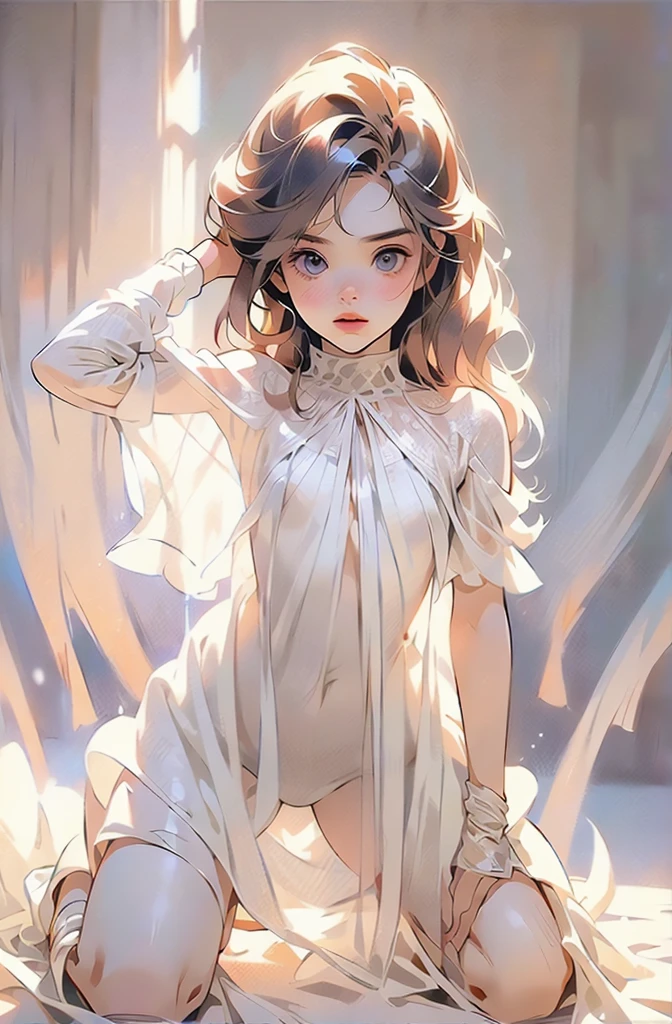 ((Little Huntress girl)) holding a rifle between her legs , battle pose,long red curling hair,((airy white sheer micro tiny dress)), very sheer micro dress, risqué, snows,Cold,4K,Detailed,Realistic, (), ((age 13)), American, beautiful, beautiful face, small, short, very sensual poses, puffy nips