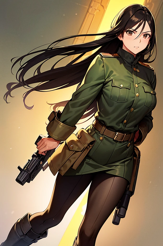 Content:
A black anime woman in a uniform inspired by German WW2 attire, standing in the desert. She has a mature face with long brown hair and brown eyes, exuding confidence and authority. She is depicted as a military general.

Medium:
Concept art, digital illustration.

Style:
Inspired by Yasutomo Oka, Pixiv, Shin Hanga, Fujita Goro, Range Murata, and Artgerm. Incorporating elements from dieselpunk aesthetics and detailed, fine art.

Lighting:
Dramatic, with strong contrasts to highlight her authoritative presence and the intricate details of her uniform. Subtle shadows add depth and realism.

Colours:
A palette dominated by military greens, browns, and desert hues, with subtle highlights to bring out the texture of the uniform and her features. The background features a desert landscape, emphasizing the military theme.

Composition:
A full-body shot, showcasing her mature and confident stance. She stands with a commanding presence, right hand saluting, and left hand behind her back. The desert environment enhances her military aura and the overall composition.