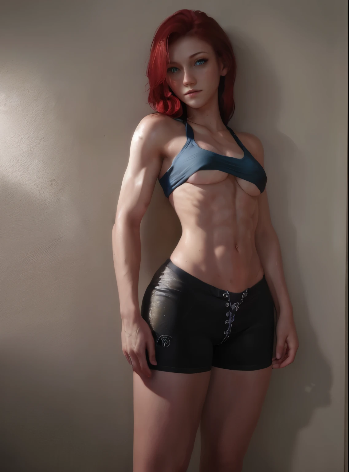 Very young, 10 years, young body, slim body, red hair, flat chest, no , (((no boobs))), (((small breasts))), (((very small breasts))), visible abs, strong woman, muscles, hot, bra, panties, blue eyes, makeup, shiny skin, wet skin, wet body, oily body, more visible abs. visible veins, very young, hands on tights, hands on hip, realistic abs, realistic muscles, very sweaty, very oily, whole body in the picture, standing up, more refined muscles, more shadows, on body, dripping from body, muscular arms, muscular legs, visible scars, visible tatoos