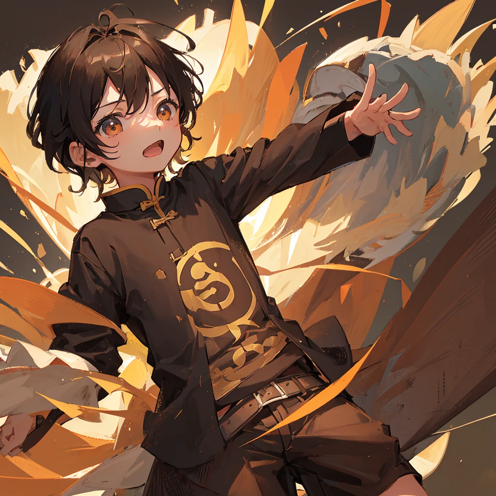 a chinese little boy,juvenile,Black short hair,Blade in hand,witty,,Brown Tone,((Plain brown background))