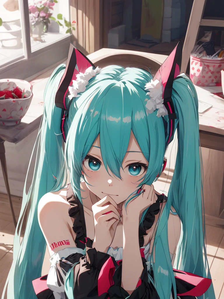 hatsune miku, yandere, blood, cute, cat ears