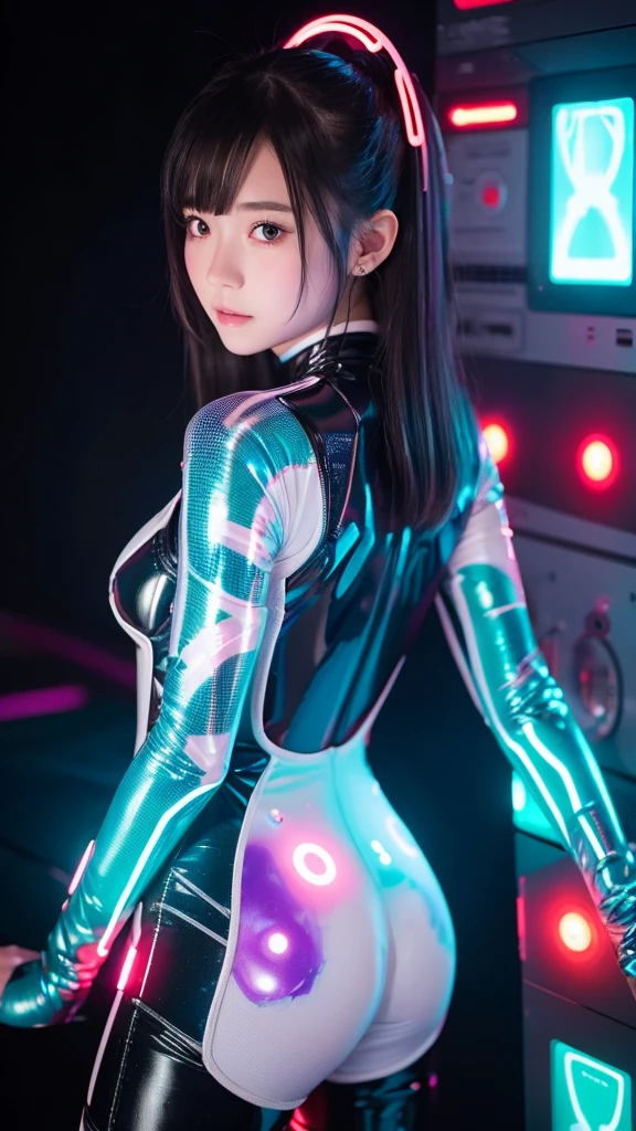 "A girl wearing a semi-transparent anime-style bodysuit with a lot of exposed skin. The suit has flashy patterns, and her entire skin is covered with art paint. She has a sexy face and figure. She is in a capsule that looks like a futuristic life support device, filled with light and switches glowing in various colors. The girl is looking up and making eye contact with the camera. She is turning her head to look back, slightly sticking out her butt, and I am looking down at her from a slightly elevated angle, with the composition centered around her face."