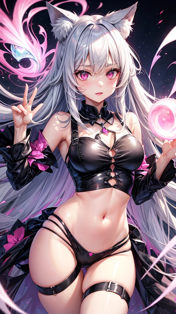 pink eyes, silver hair, neko, sexy outfit 