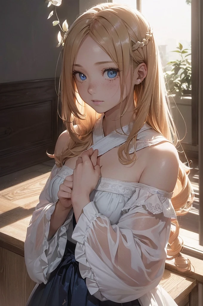 ((1 Female, 1 person, Solitary) Alice, Humanity, Long curly blond hair, blue eyes, freckle, teenager, 18 years, Rebirth_ongoing) (Main Part, Super detailed, 8K, (HD, Sunlight:0.5, Soft_shadow:0.5, atmosphere_light, 8K, 4K, Surrealism, elegant, ((((Appearance)))), Soft Ton, 柔和的light))(((Dark, Chiaroscuro)))