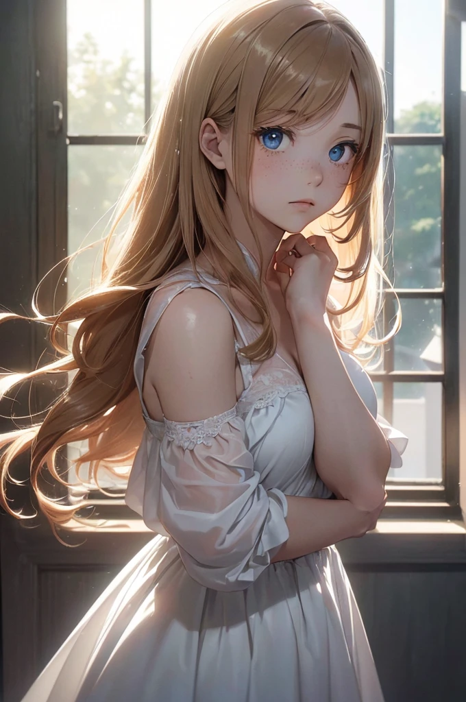 ((1 Female, 1 person, Solitary) Alice, Humanity, Long curly blond hair, blue eyes, freckle, teenager, 18 years, Rebirth_ongoing) (Main Part, Super detailed, 8K, (HD, Sunlight:0.5, Soft_shadow:0.5, atmosphere_light, 8K, 4K, Surrealism, elegant, ((((Appearance)))), Soft Ton, 柔和的light))(((Dark, Chiaroscuro)))
