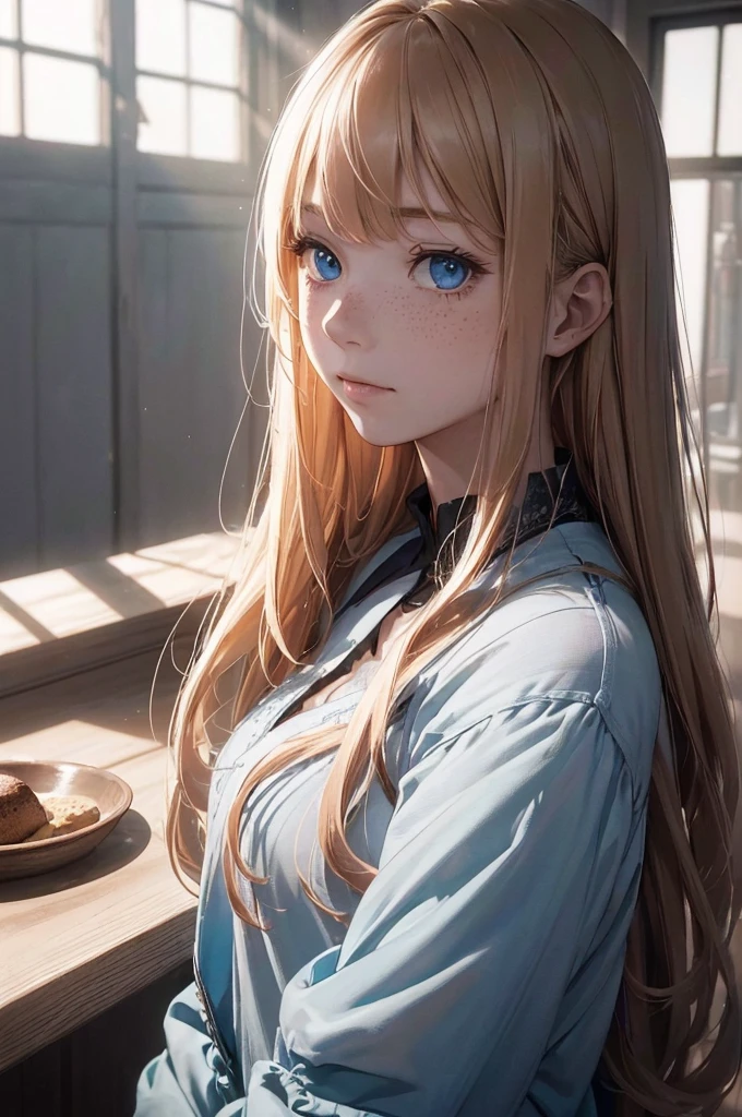 ((1 Female, 1 person, Solitary) Alice,  Humanity, Long curly blond hair, blue eyes, freckle, teenager, 18 years, Rebirth_ongoing) (Main Part, Super detailed, 8K, (HD, Sunlight:0.5, Soft_shadow:0.5, atmosphere_light, 8K, 4K, Surrealism, elegant, ((((Appearance)))), Soft Ton, 柔和的light))(((Dark, Chiaroscuro)))
