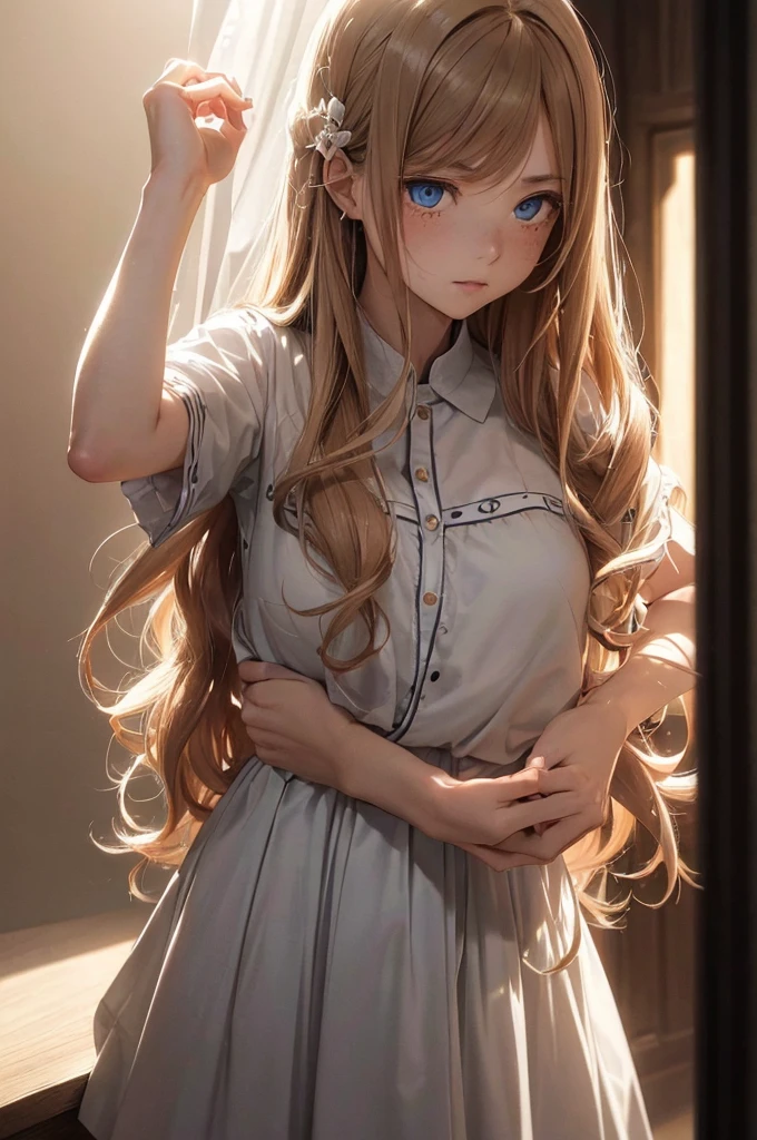 ((1 Female, 1 person, Solitary) Alice,  Humanity, Long curly blond hair, blue eyes, freckle, teenager, 18 years, Rebirth_ongoing) (Main Part, Super detailed, 8K, (HD, Sunlight:0.5, Soft_shadow:0.5, atmosphere_light, 8K, 4K, Surrealism, elegant, ((((Appearance)))), Soft Ton, 柔和的light))(((Dark, Chiaroscuro)))