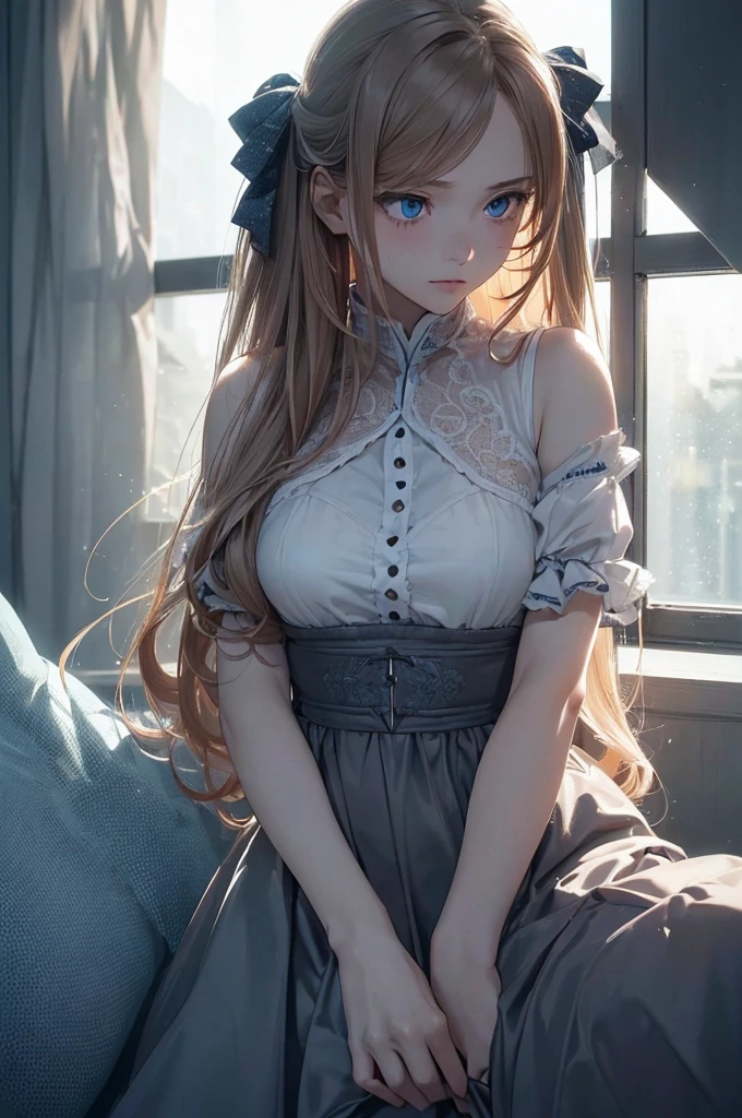 ((1 Female, 1 person, Solitary) Alice, Humanity, Long curly blond hair, blue eyes, freckle, ager, 18 years, Rebirth_ongoing) (Main Part, Super detailed, 8K, (HD, Sunlight:0.5, Soft_shadow:0.5, atmosphere_light, 8K, 4K, Surrealism, elegant, ((((Appearance)))), Soft Ton, 柔和的light))(((Dark, Chiaroscuro)))