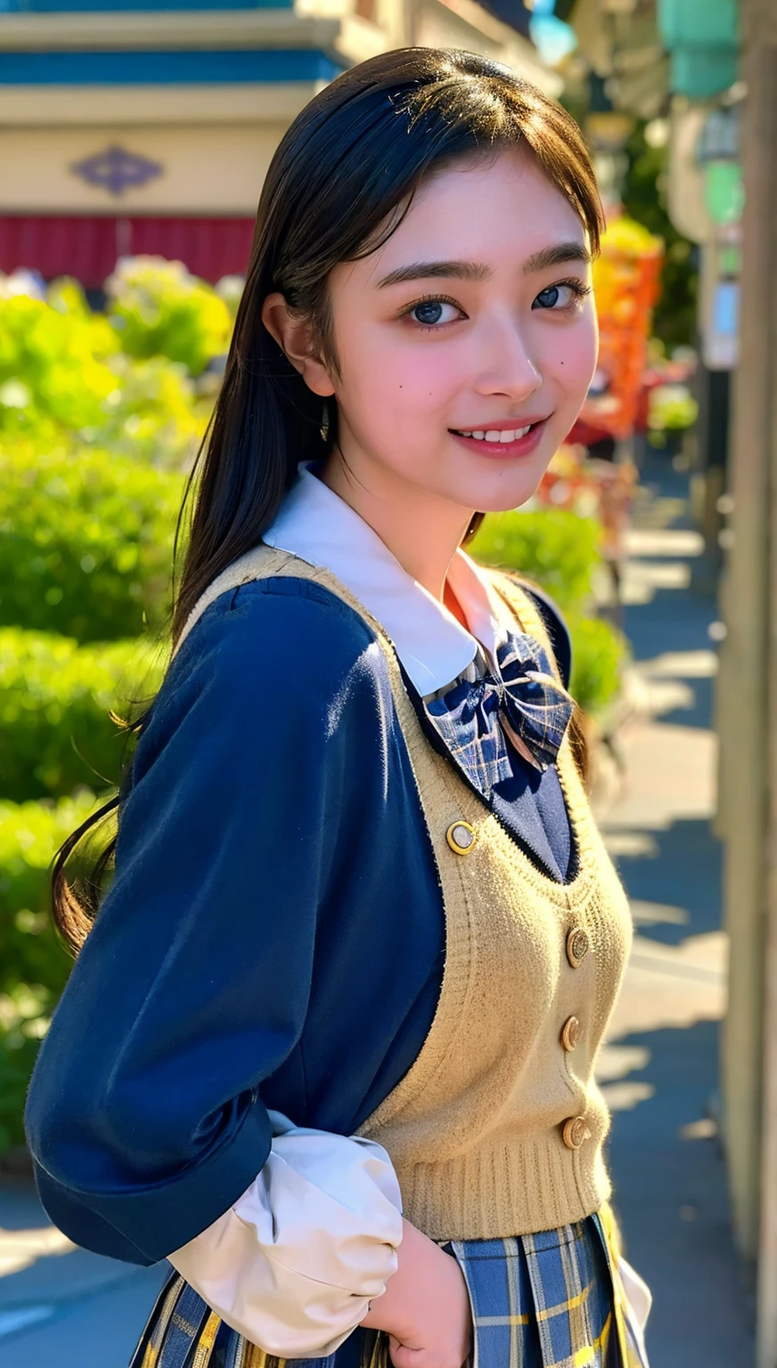 (photorealistic:1.4), best quality, masterpiece, raw 32k photo, (extremely detailed japanese beautiful girl), (extremely detailed eyes:1.2),(baby face), (cute face:1.2), ultra-detailed, ultra high res, amazing, BREAK,standing,
(school uniform:1.5),detailed school girl, (disneyland:1.4), beautiful detailed girl, bangs, cute face, miniskirt