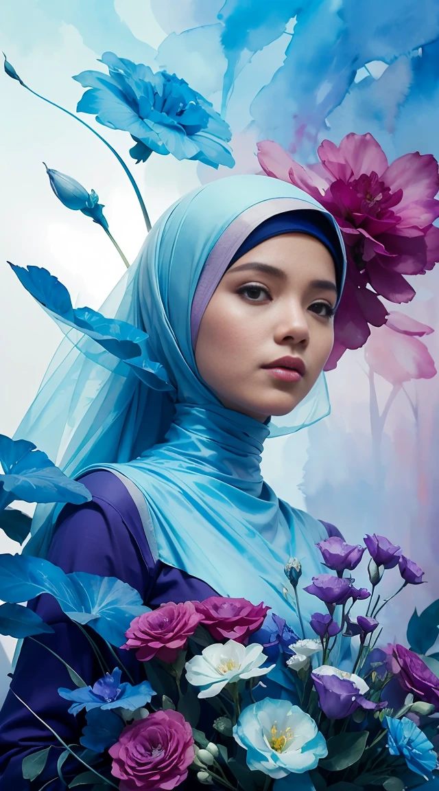 1girl malay in hijab,flower, Lisianthus ,in the style of light blue and light azure, dreamy and romantic compositions, pale blue, ethereal foliage, playful arrangements,fantasy, high contrast, ink strokes, explosions, over exposure, purple and red tone impression , abstract, ((watercolor painting by John Berkey and Jeremy Mann )) brush strokes, negative space,