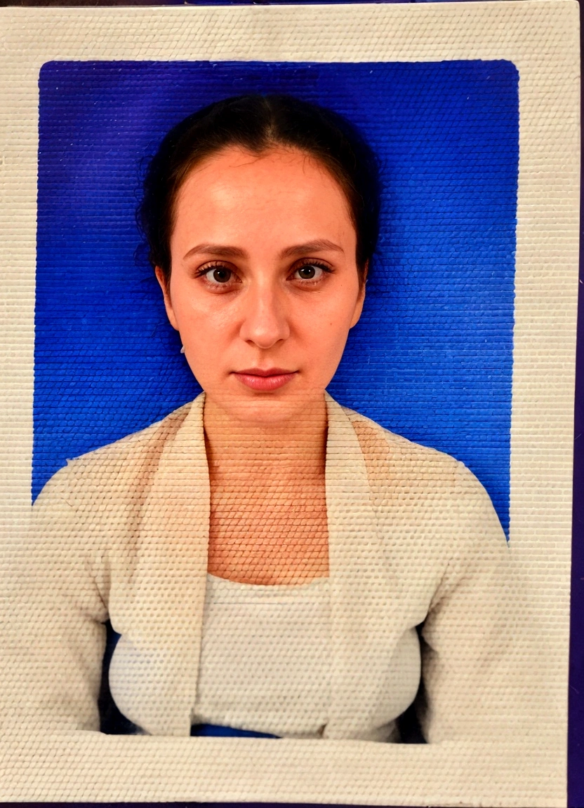 arafed picture of a woman with a blue background, passport photo, 30 years old woman, 3 0 years old woman, portait image, photo taken in 2 0 2 0, photo of a woman, 2 8 years old, 3 0 years woman, 2 9 years old, monserrat gudiol, imane anys, 2 4 years old