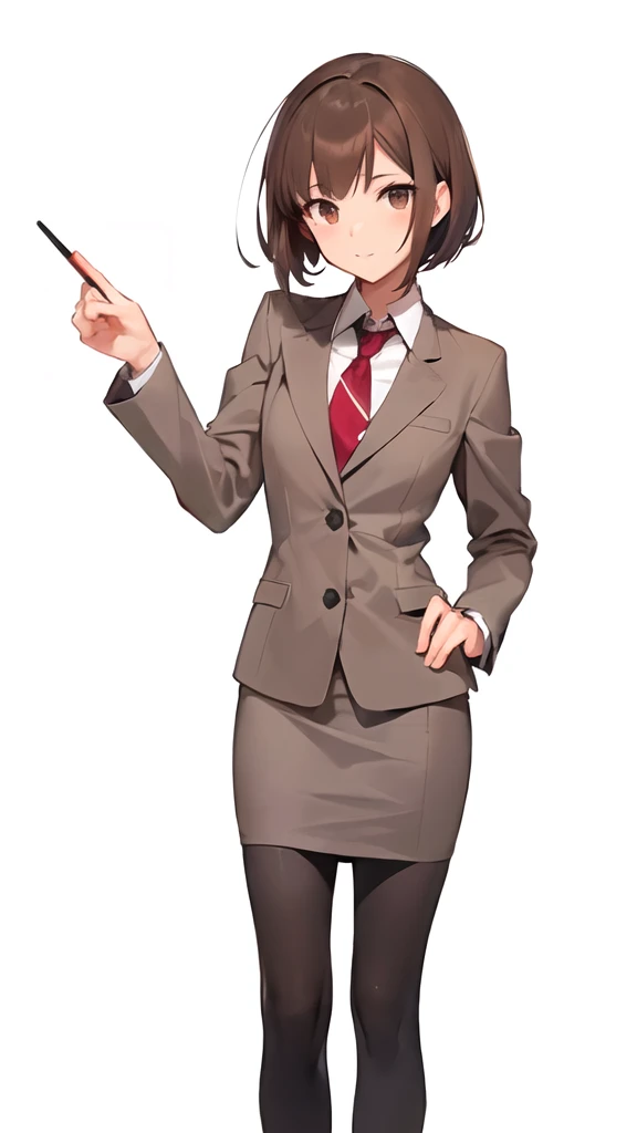 A female anime character in a suit, pointing at something with her index finger, Makoto, Makoto Shinka, main character 👀 :8, official character art, anime moe art style, Asukarei from Danganronpa, Kantai Collection style, Harukana Receive, girl in a suit, Nanami Chiaki from Danganronpa, red-brown hair, short hair, anime girl, anime style