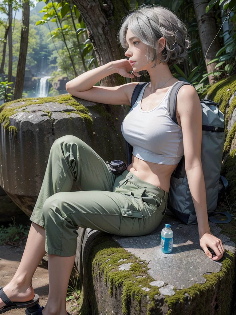 ((masterpiece)), ((best quality)), (ultra-detailed), ((extremely detailed)), 4K, (8K), best quality, a beautiful woman, (( gray hair)), ((curly bob cut)), hair in 7 thirds, light blue eyes, detailed skin, freckled skin, 20 years old, ((wavy hair)), ((hair over one ear)), ((Forehead)), ((1girl, solo))
In the woods, hiking, white tank top, navel out, moss green cargo pants, ((carrying a climbing backpack)), huge trees, from the side, profile, looking away, ((sitting on a rock)), ((holding a water bottle)), resting, climbing shoes, precise hands, detailed hands