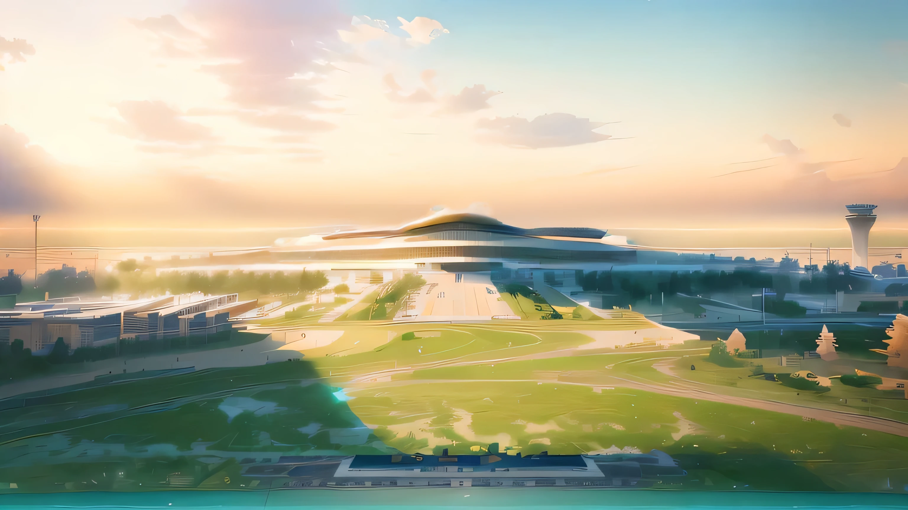 Modern city buildings,A huge airport building,There is a large lawn in front,Holographic projection,Line Illustration,New Gongbi,Illustration style,Luis Royo(Luis Royo)Artworks,Airport scene,Building reference drawing,Texture Matte,Soft light color,artistic conception ink painting,Wang Ximeng,artistic conception,It was,Dunhuang tones