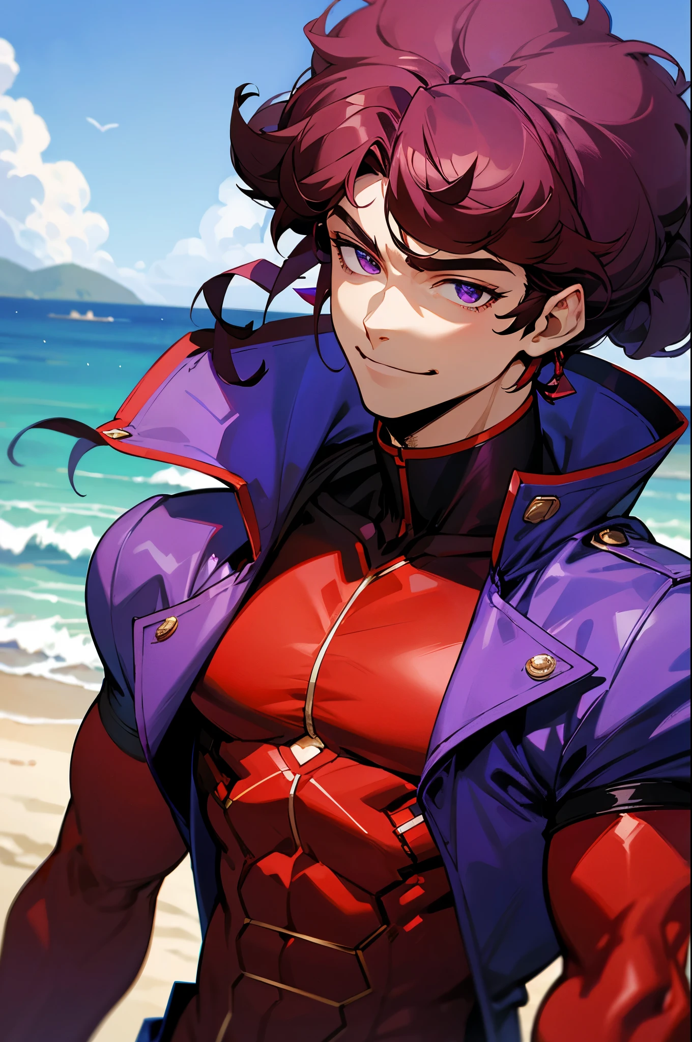 Dark crimson Hair, shades,, Muscular, big afro hair, purple gem on chest, blue and red outfit, smirk, beach background, young. male, upper body, blue jacket, lean build, hair tied in a bun,