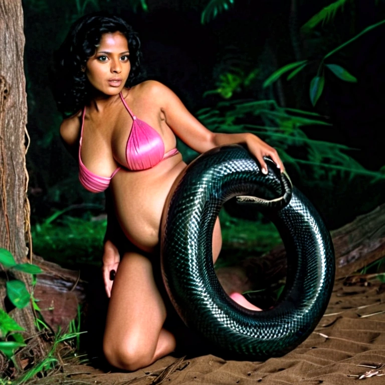 Pregnant Topless pink bikini wearing   Happy Horny, aroused 1girl), beautiful kneeling indian  slave girl  with  giant colossal black titanboa squeezing her hard, wrapped in thick spiraling coils, constricted, struggle, gasping for air, snake attack, snake peril, moonless night, dim light