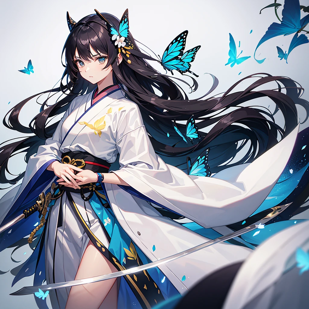 swordsman,1 girl,animal,animal print,belt,belt Buckle up,black hair,blue Butterfly,Buckle up,loopholes,Butterfly,Butterfly hair accessories,Butterfly on hand,Butterfly print,forehead,glowing Butterfly,gradient hair,hair accessories,Haori,Keep,Keep sword,Keep arms,japanese clothes,Samurai sword,Section Chief Ren,long hair,long sleeve,petal,alone,sword,arms,white belt,white Butterfly,wide sleeves,yellow Butterfly,Keep sword with both hands,sword focus, kitsune mask