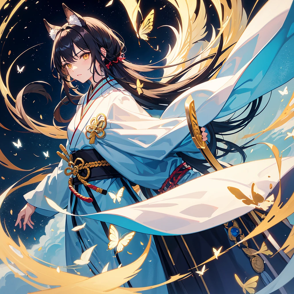 swordsman,1 girl,animal,animal print,belt,belt Buckle up,black hair,blue Butterfly,Buckle up,loopholes,Butterfly,Butterfly hair accessories,Butterfly on hand,Butterfly print,forehead,glowing Butterfly,gradient hair,hair accessories,Haori,Keep,Keep sword,Keep arms,japanese clothes,Samurai sword,Section Chief Ren,long hair,long sleeve,petal,alone,sword,arms,white belt,white Butterfly,wide sleeves,yellow Butterfly,Keep sword with both hands,sword focus, kitsune mask